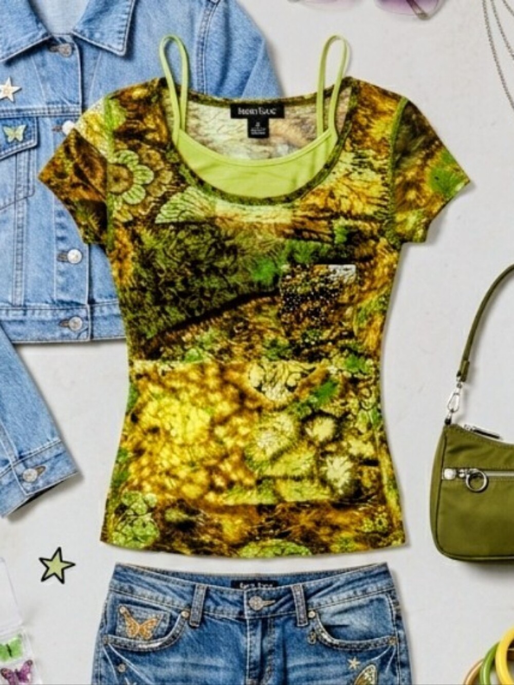 Karen Kane Green Forest Fairy Grunge Embellished Burnout Mesh Top Small